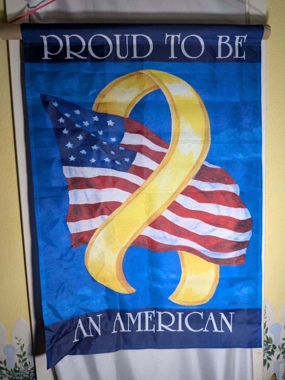 Proud To Be An American Flag Yellow Ribbon Banner 25.5x36 Becky Springer